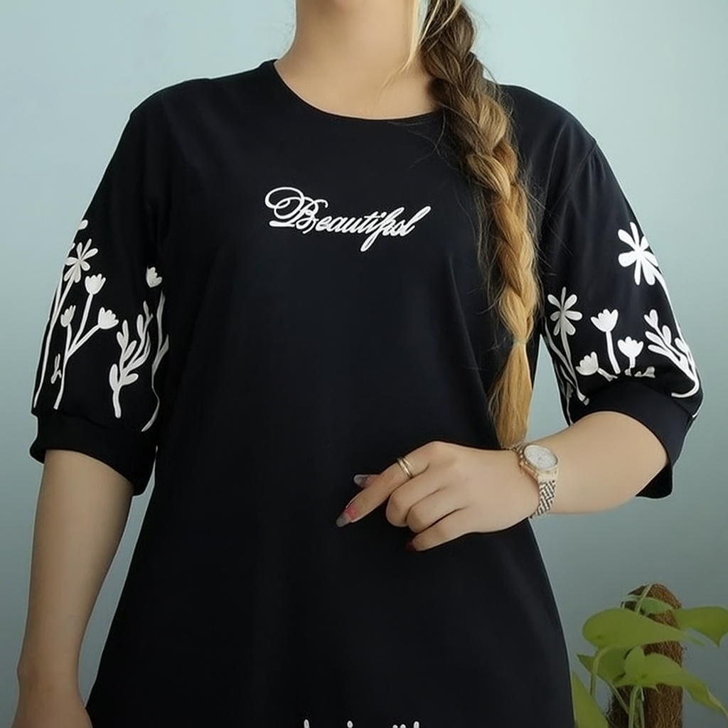 تیشرت آستین گل راحتی لانگ مشکی برند چینی زنانه