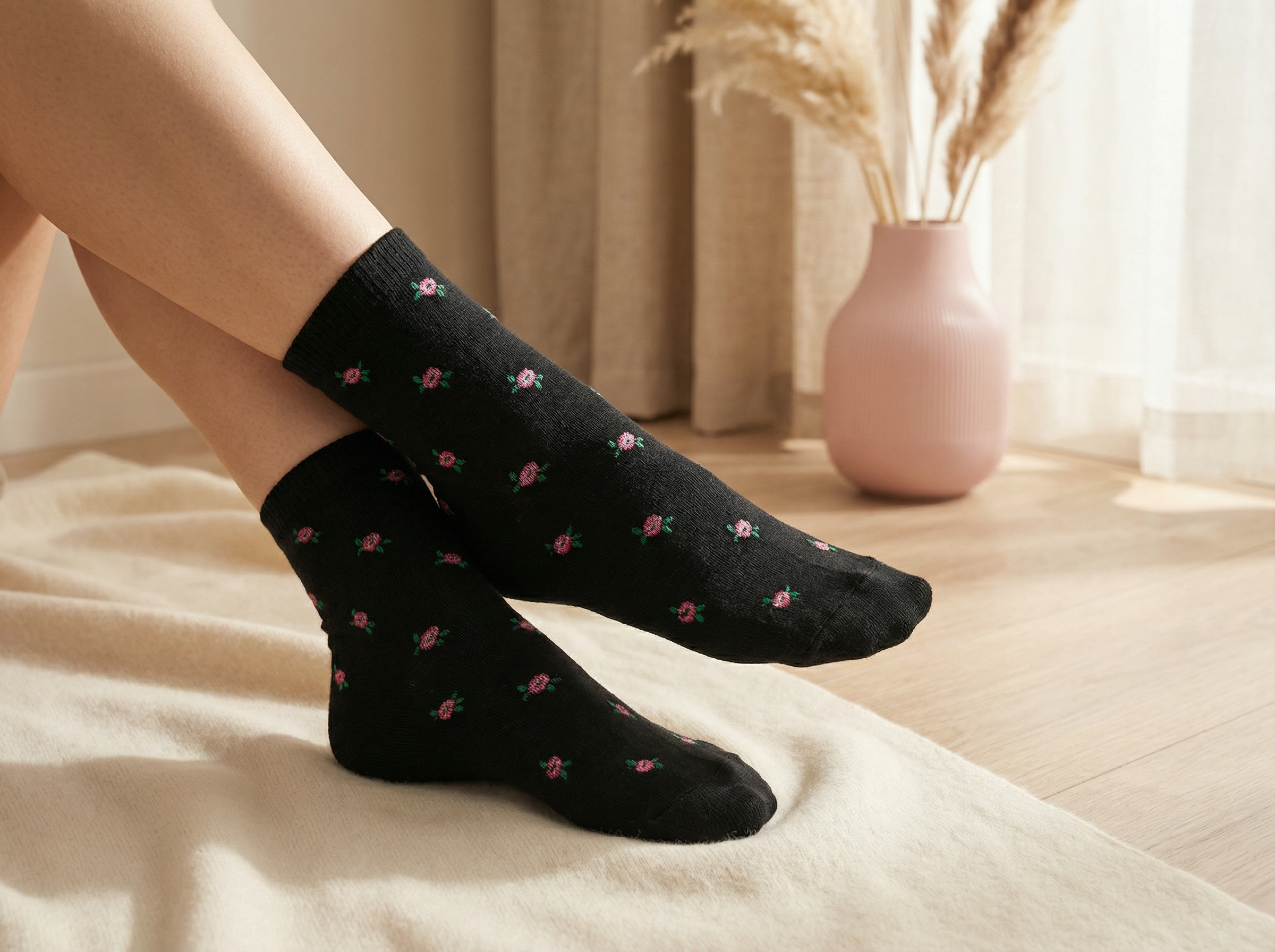 جوراب ساق بلند تک رنگ گل گلی صد درصد نخی